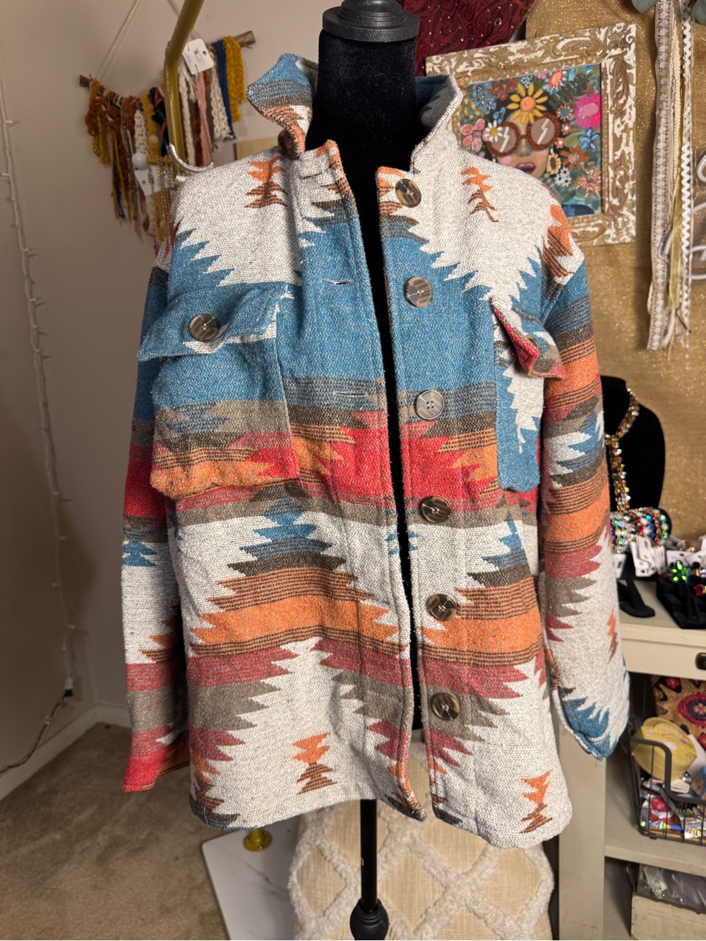 Womens Aztec Patterned Button-Front Jacket - Multicolor - Picture 2 of 8